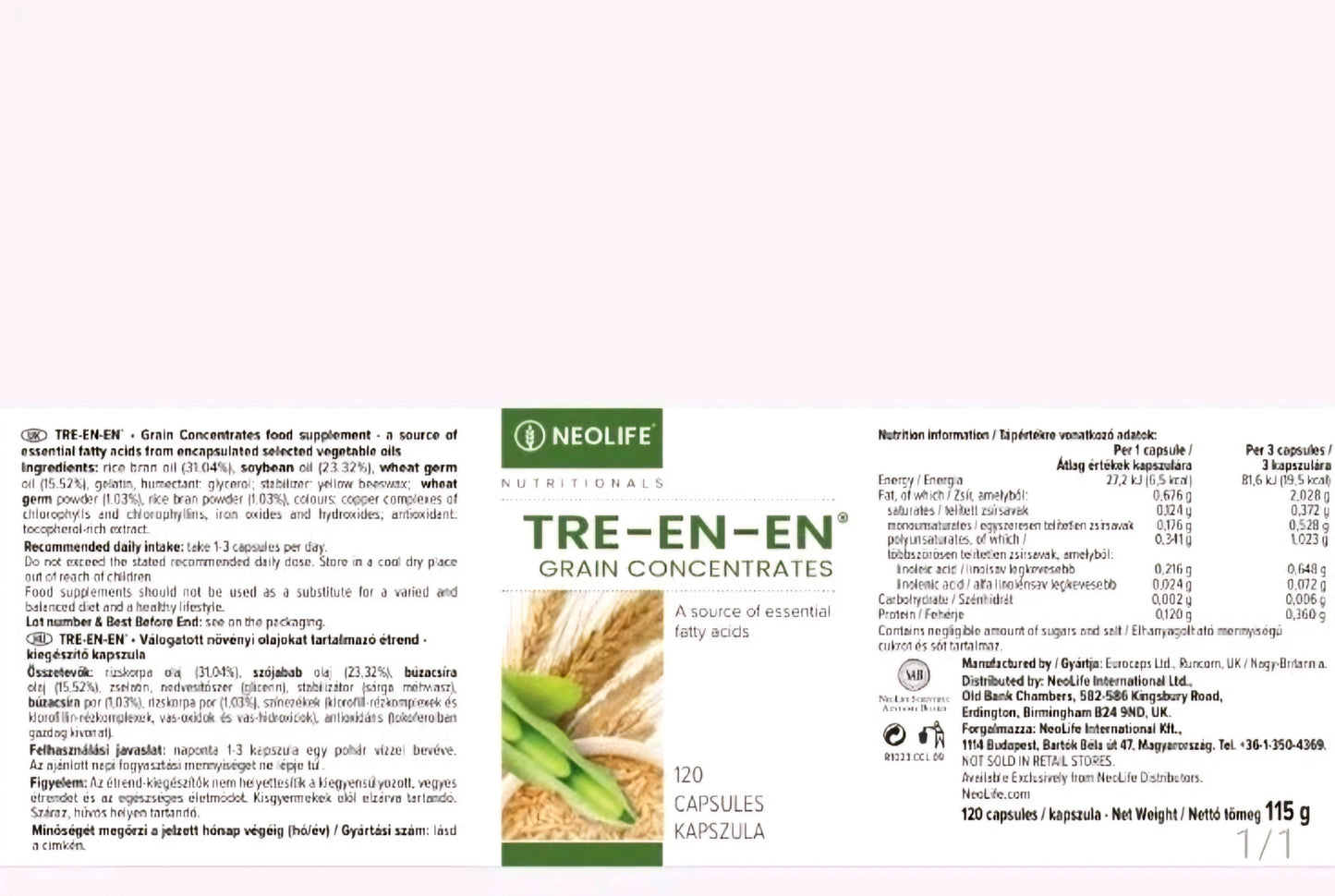 NeoLife Tre-en-en Food Supplement – 120 Capsules – Natural Wholegrain Lipids